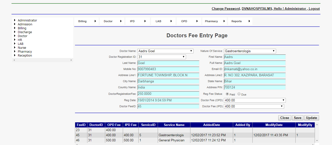 DVNA Hospital Management Software Doctors Fee Entry Page